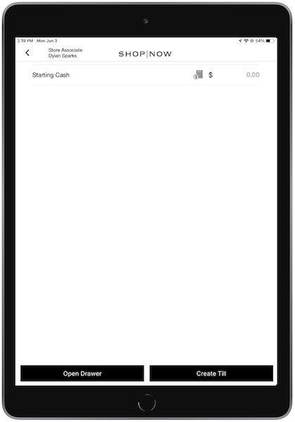The POS App showing the till's starting cash amount, with the Create Till and Open Drawer options at the bottom.