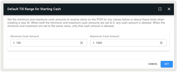 The Default Till Range for Starting Cash in Point of Sale CMS.