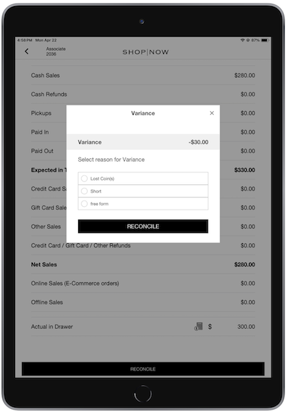 The variance window in the POS app, where you can select a reason for the variance in the till and then select Reconcile.