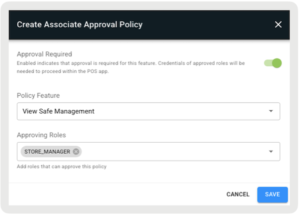 Configuring the View Safe Management feature in Point of Sale CMS.