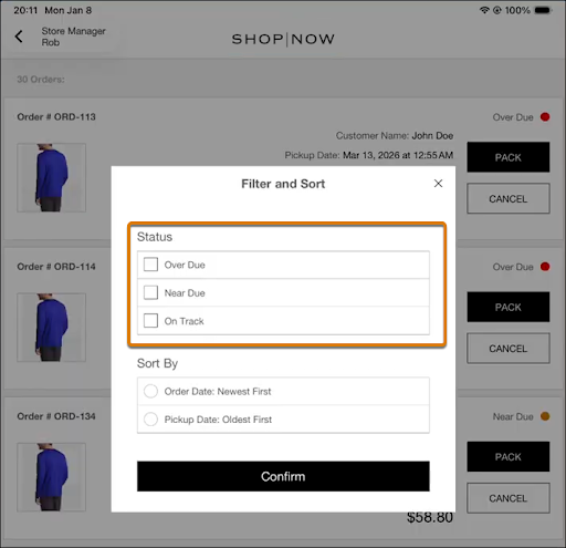 Filter Option Window in POS