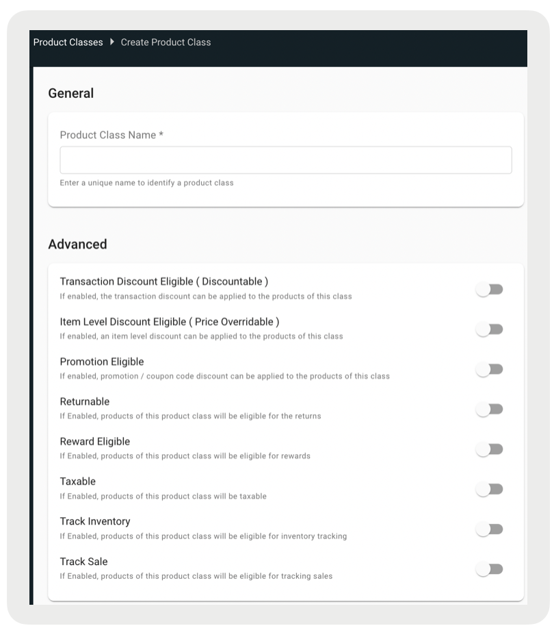 The dialog for creating or editing a product class.