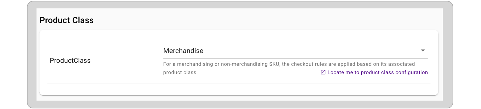 Dialog for the set up of product class shows the merchandise option selected.