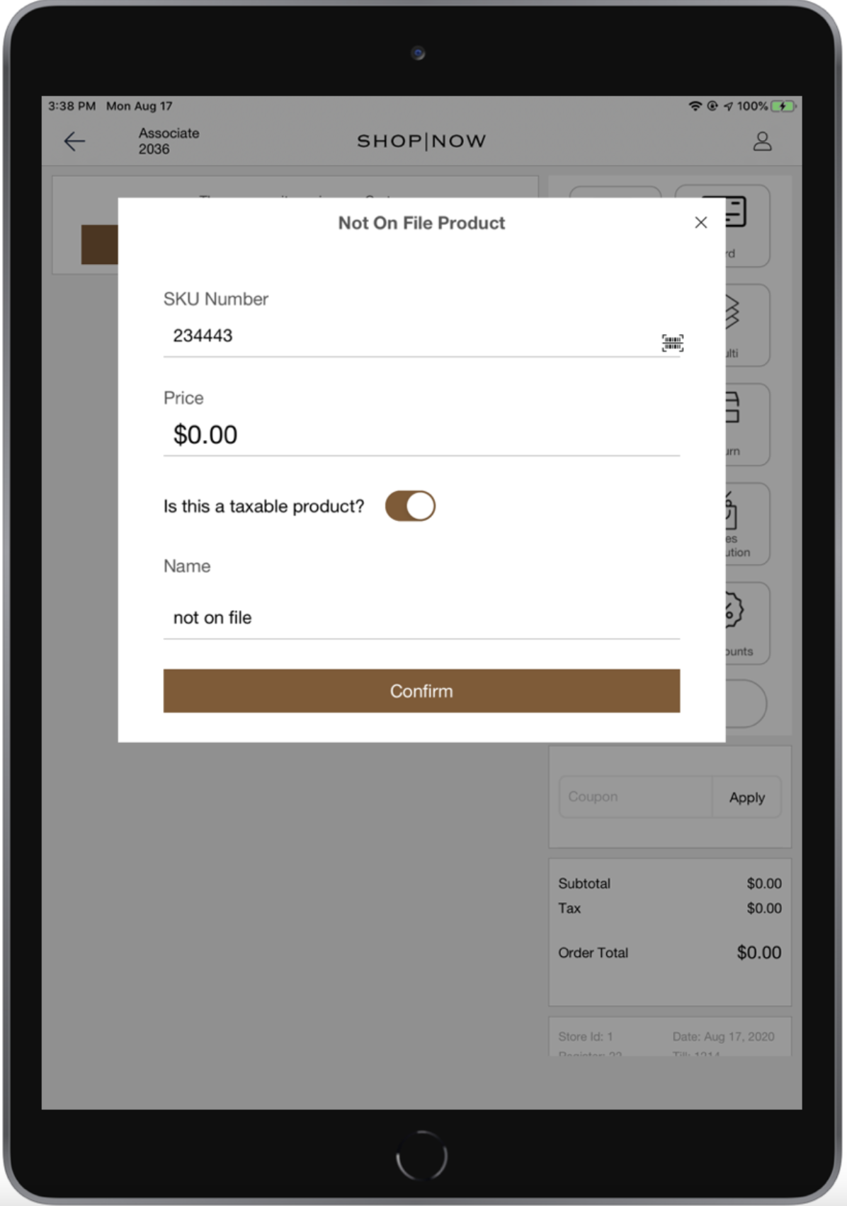 The POS app shows a prompt for details about a not on file item.