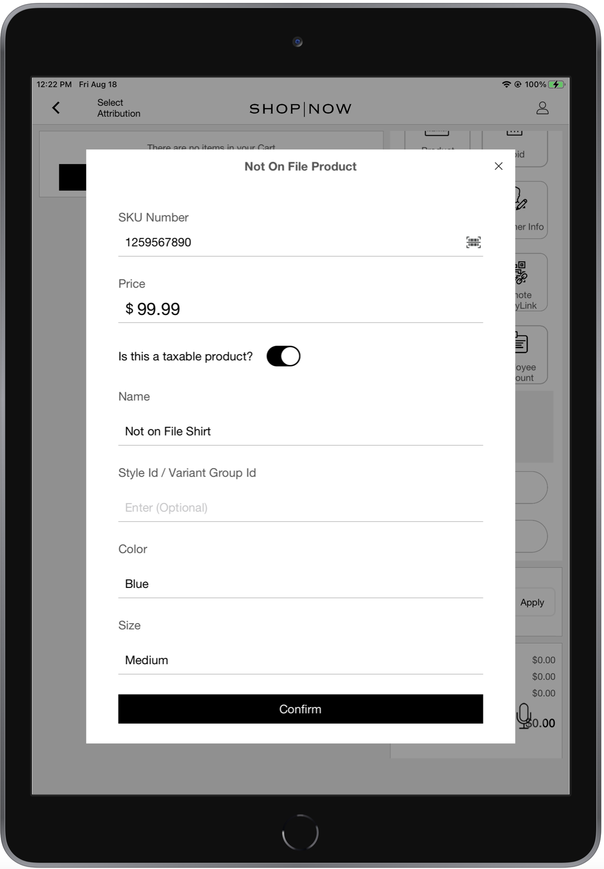 The POS app shows a prompt for details of a not on file item.