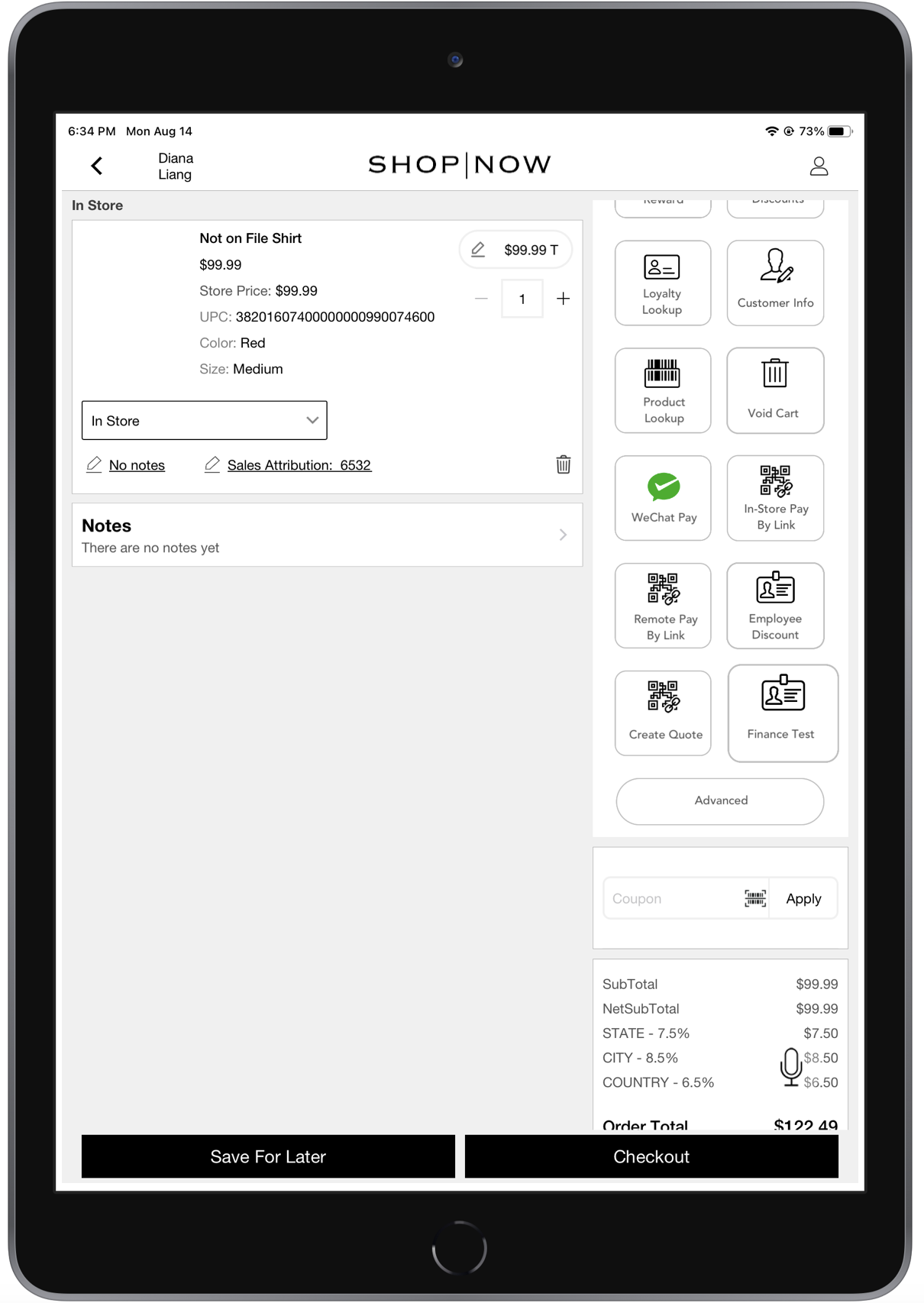 The POS app shows a not on file item in the cart.