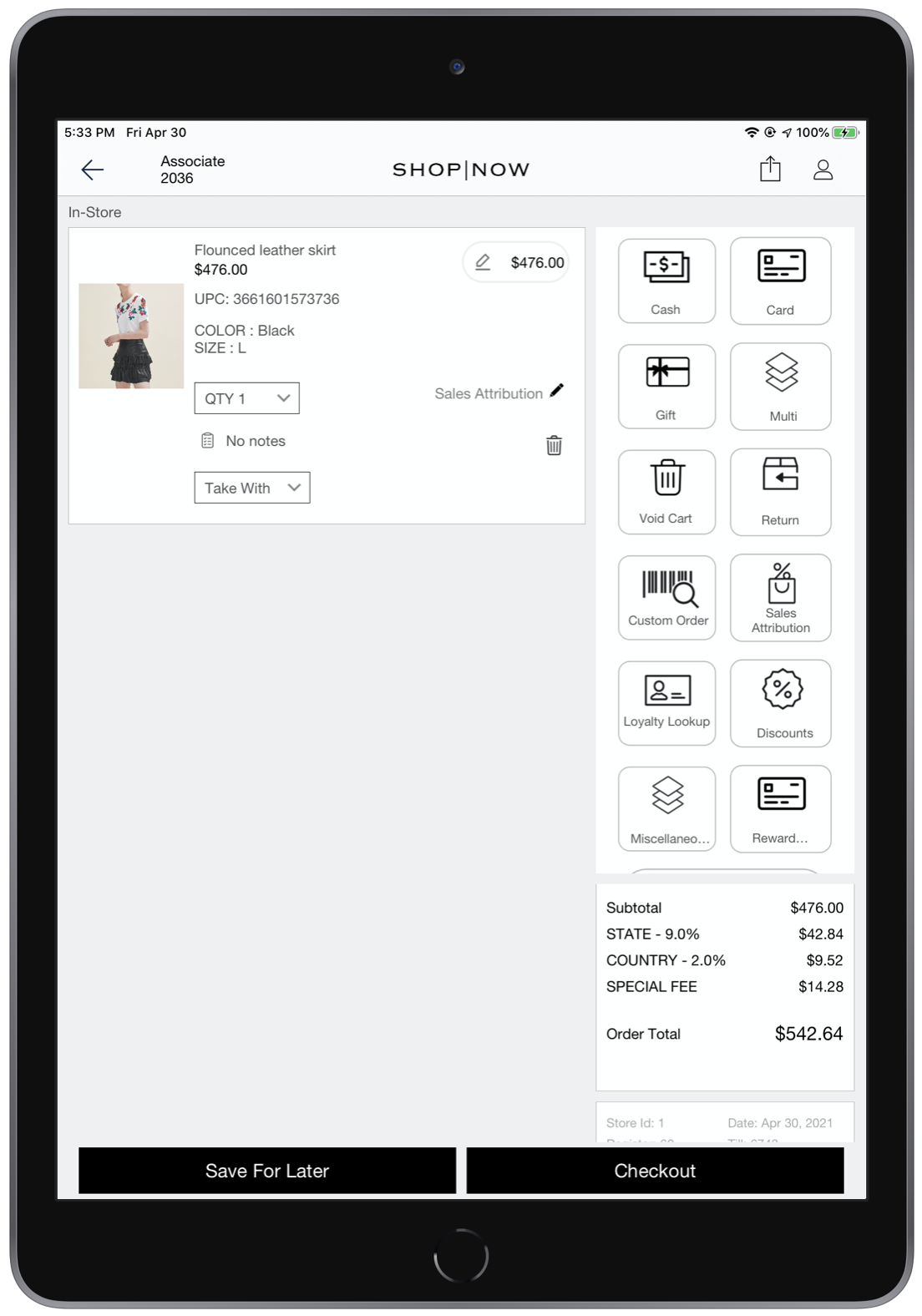 A cart in the POS app shows the breakdown of taxes and special fees on a purchase.