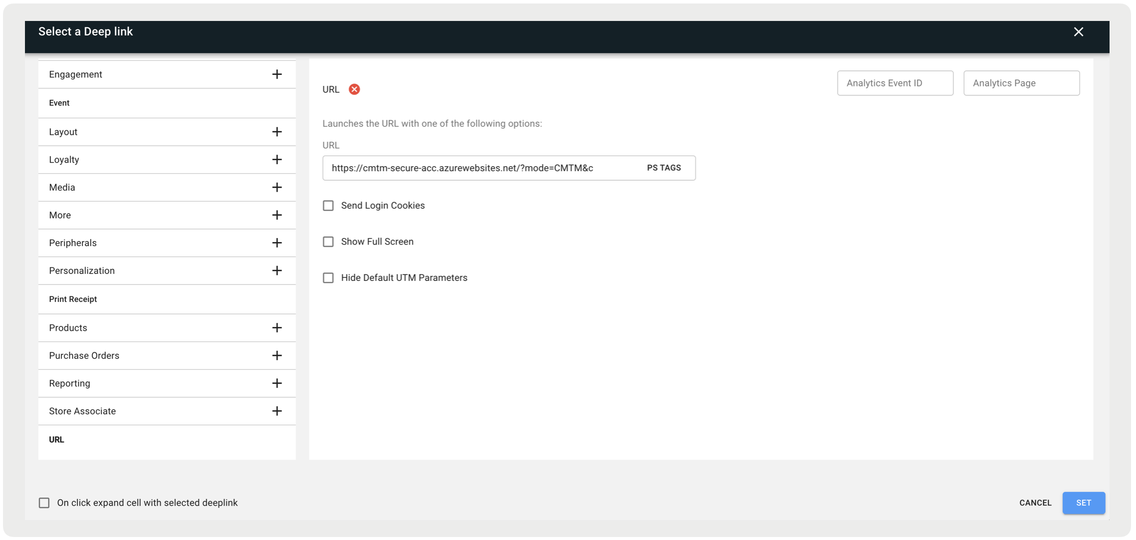 A screenshot shows the option to configure a URL for a deep link