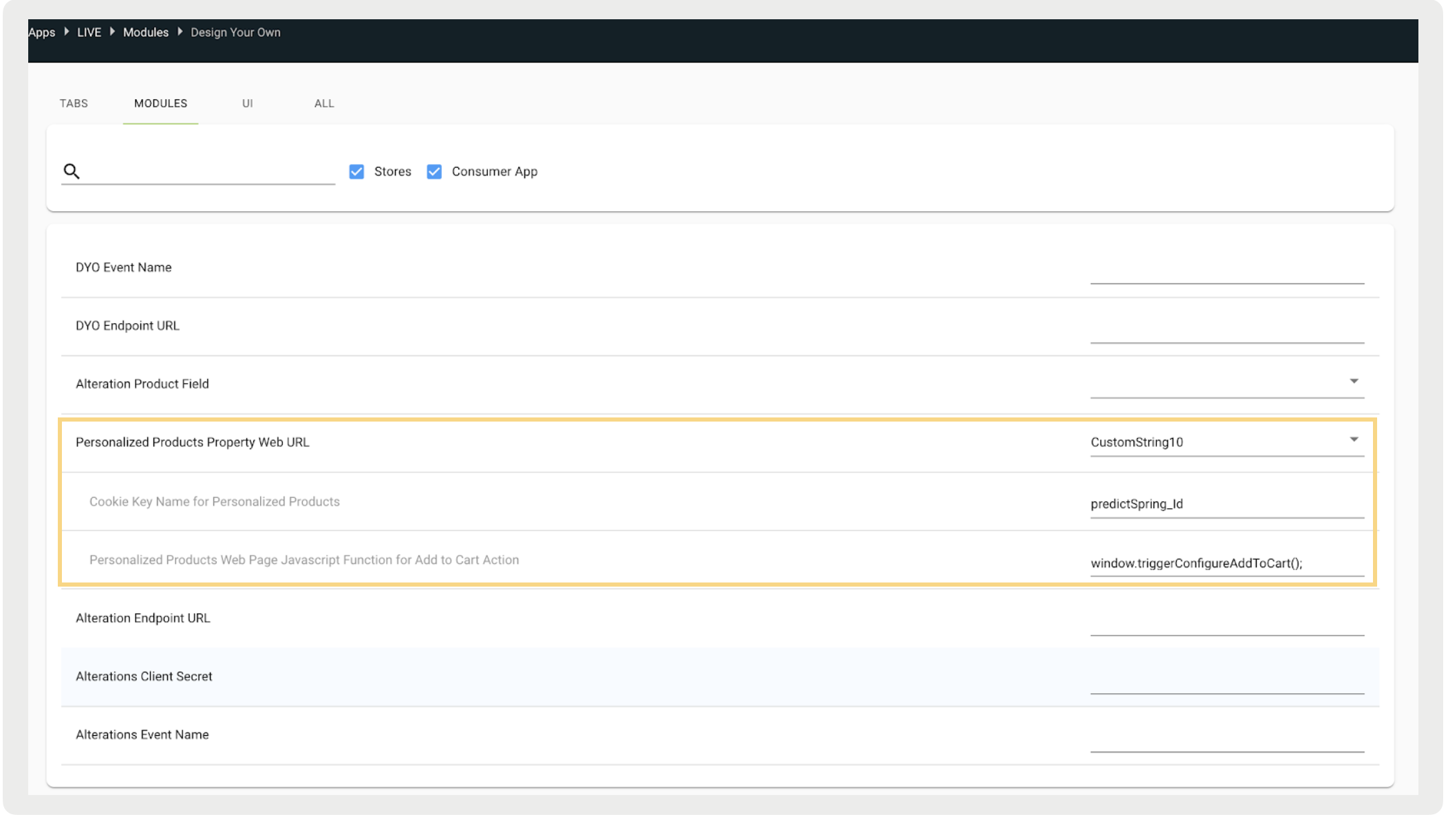 Settings for a personalised product's URL, cookie key, and JavaScript function.