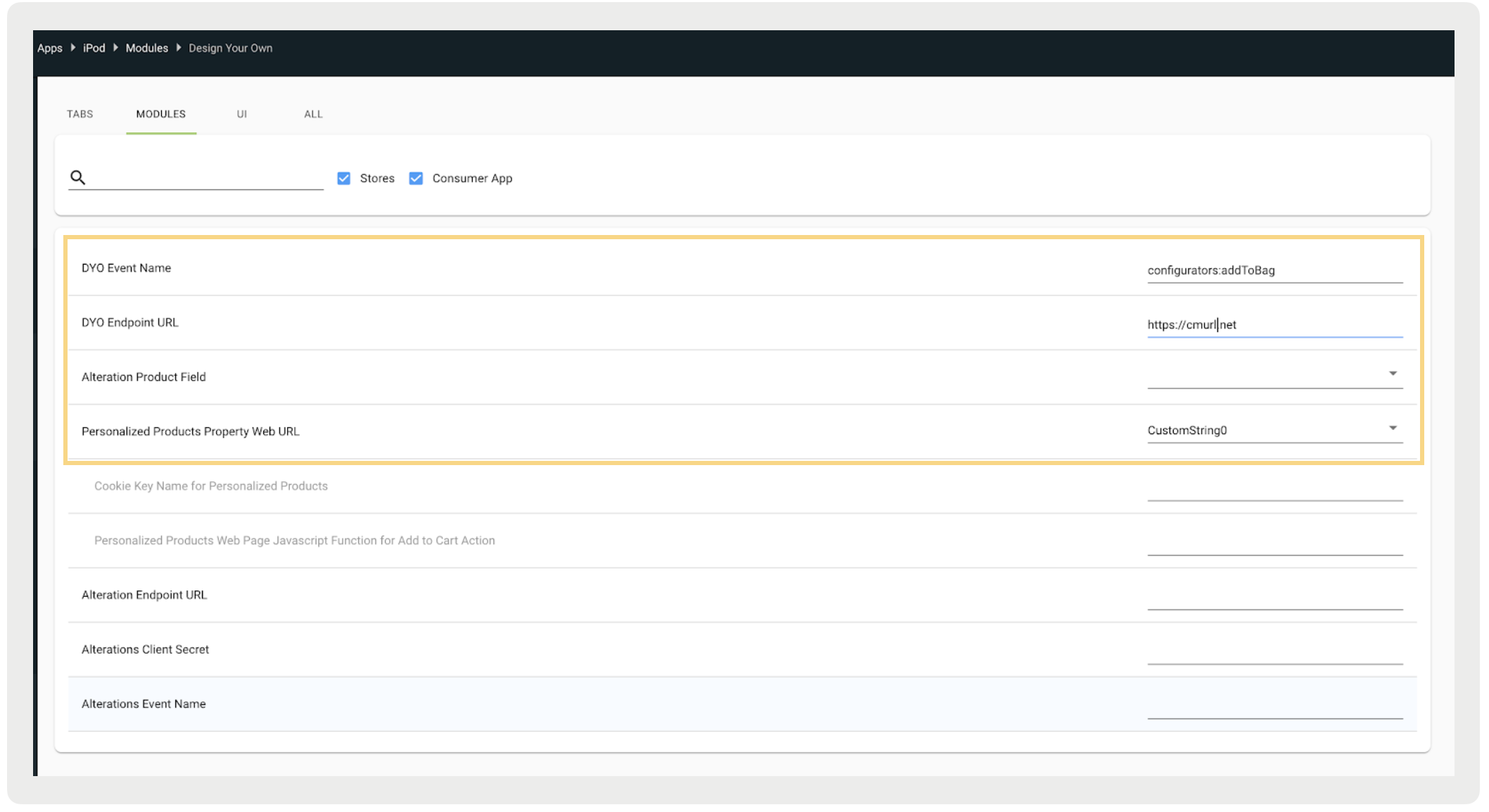 Settings for a design your own item's endpoint URL, name, and product property web URL.