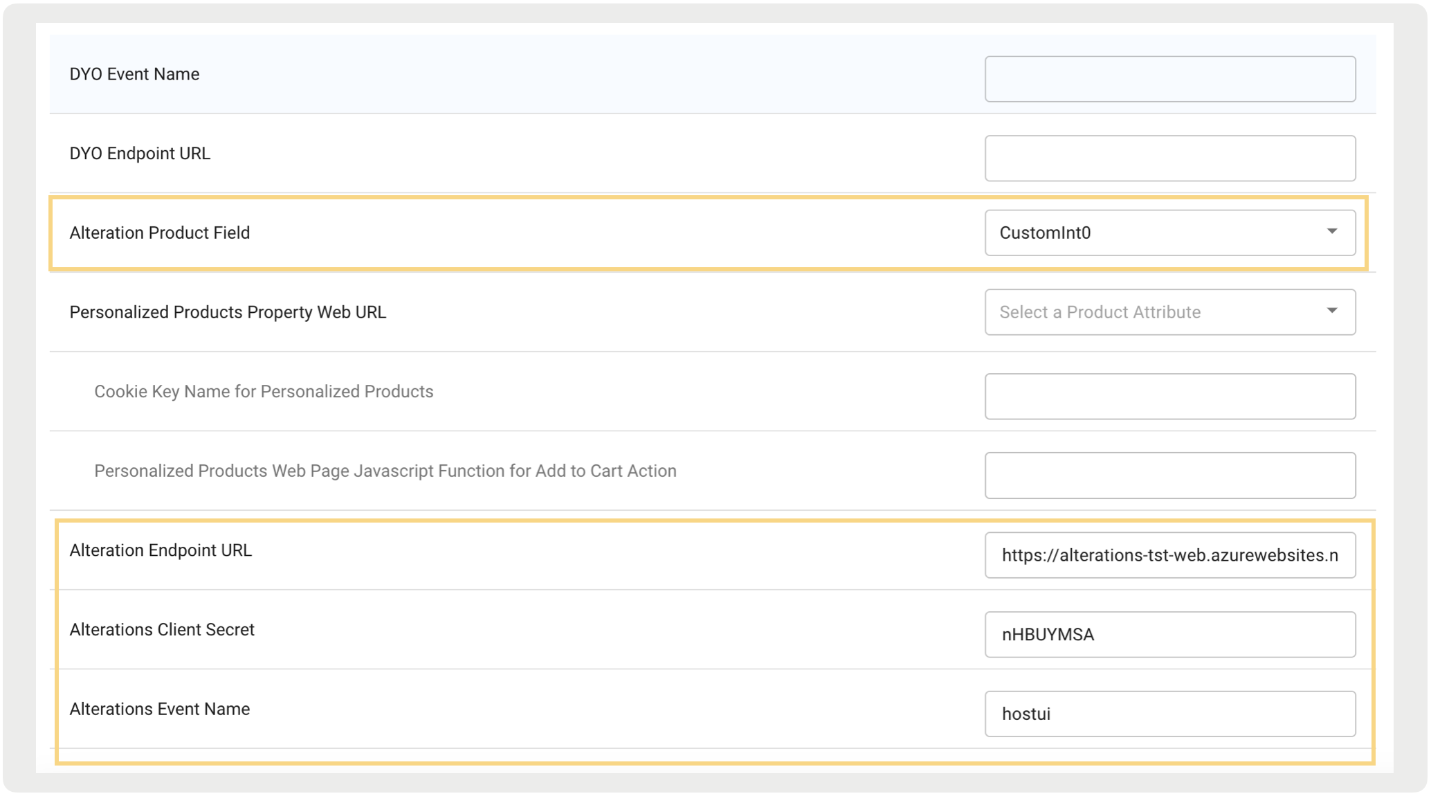 Settings for an alterations product, including its field, URL, client secret, and name.
