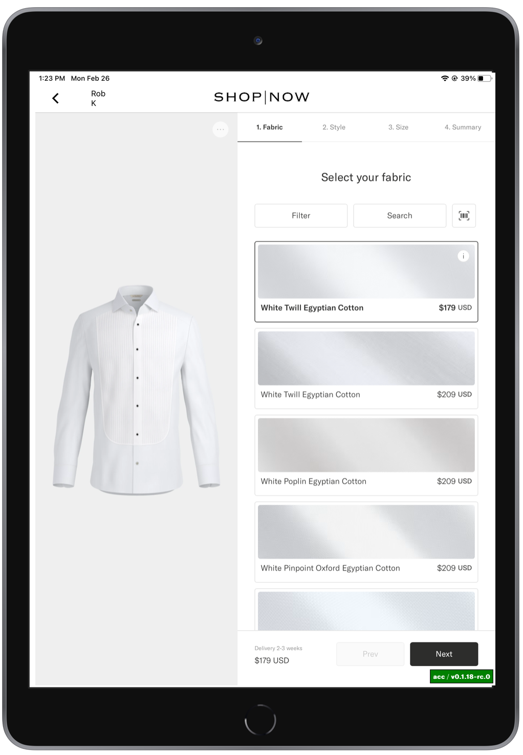 The POS app shows a web view for custom fabric selection.