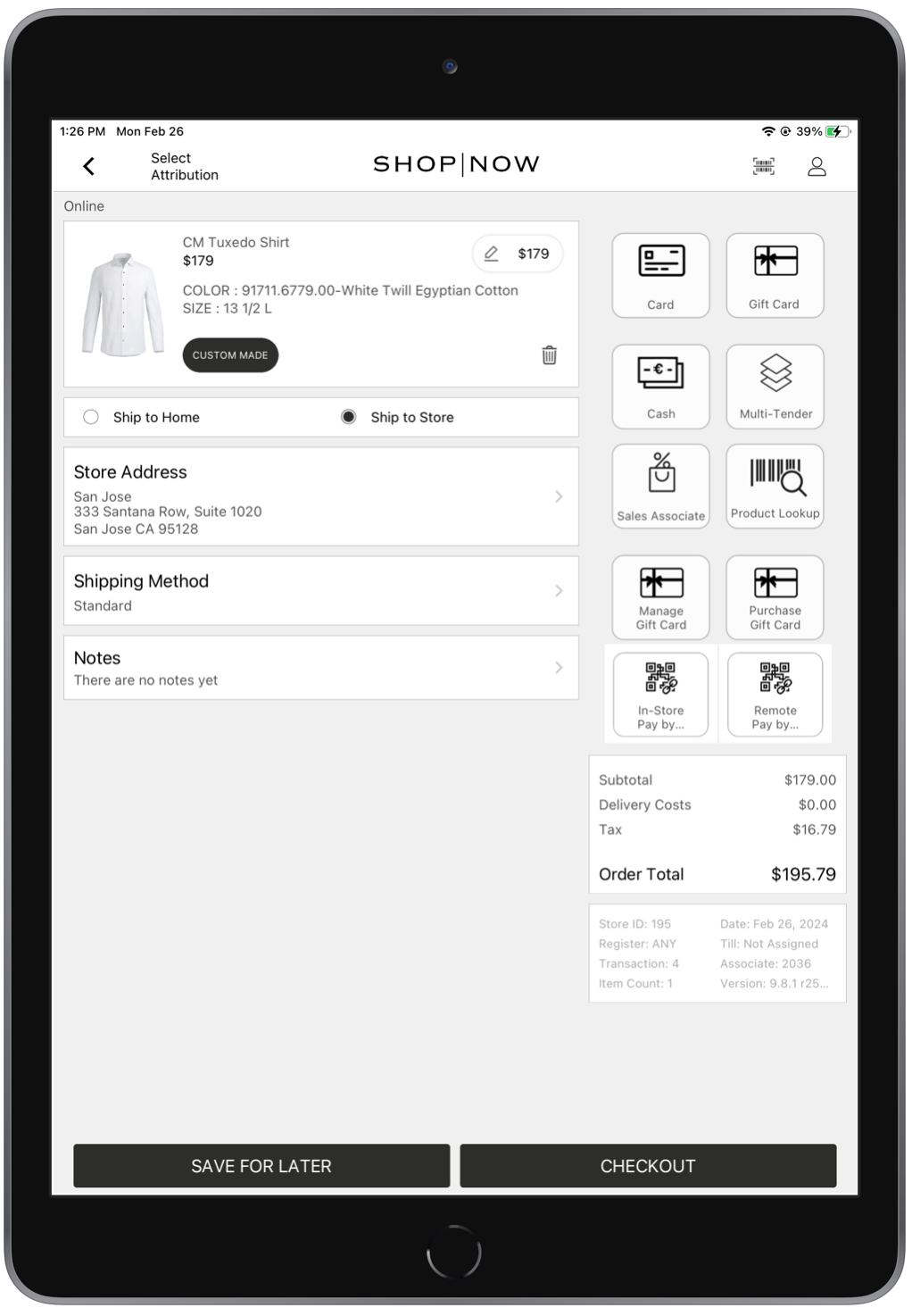 The POS app shows the cart containing a customized product.