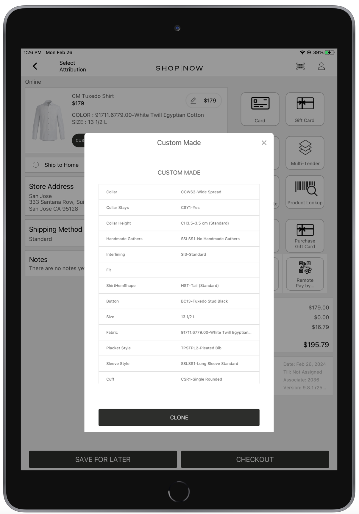 The POS app shows details of a custom-made product order.