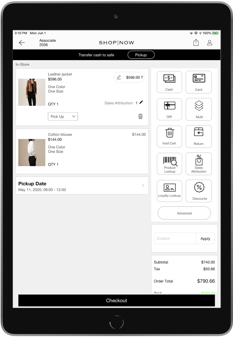A POS screen shows a checkout cart.