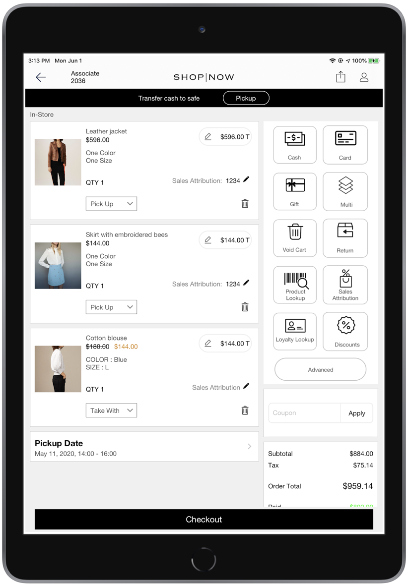 A POS screen shows a checkout cart with an item added.