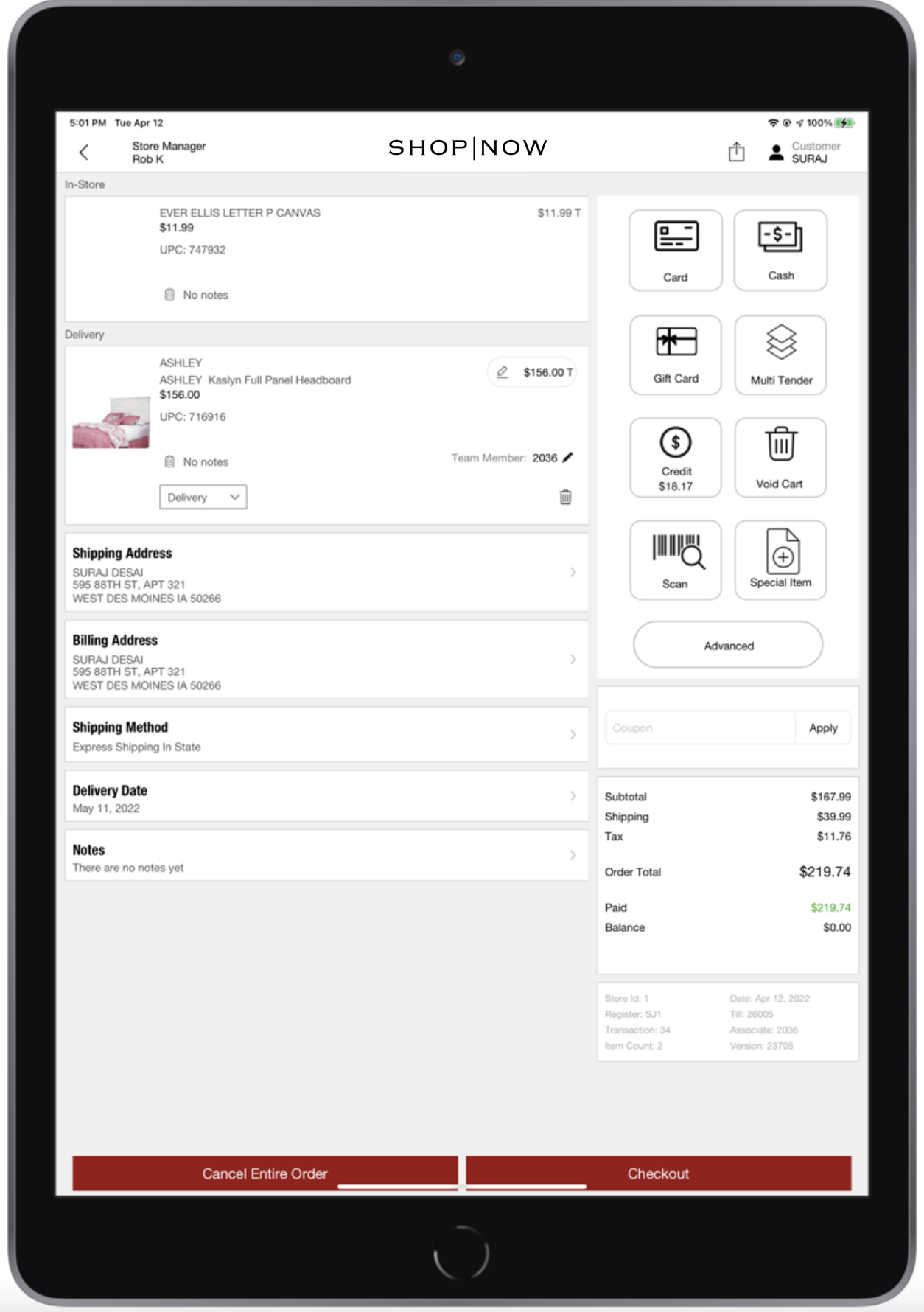 A POS screen shows the cancel entire order button.