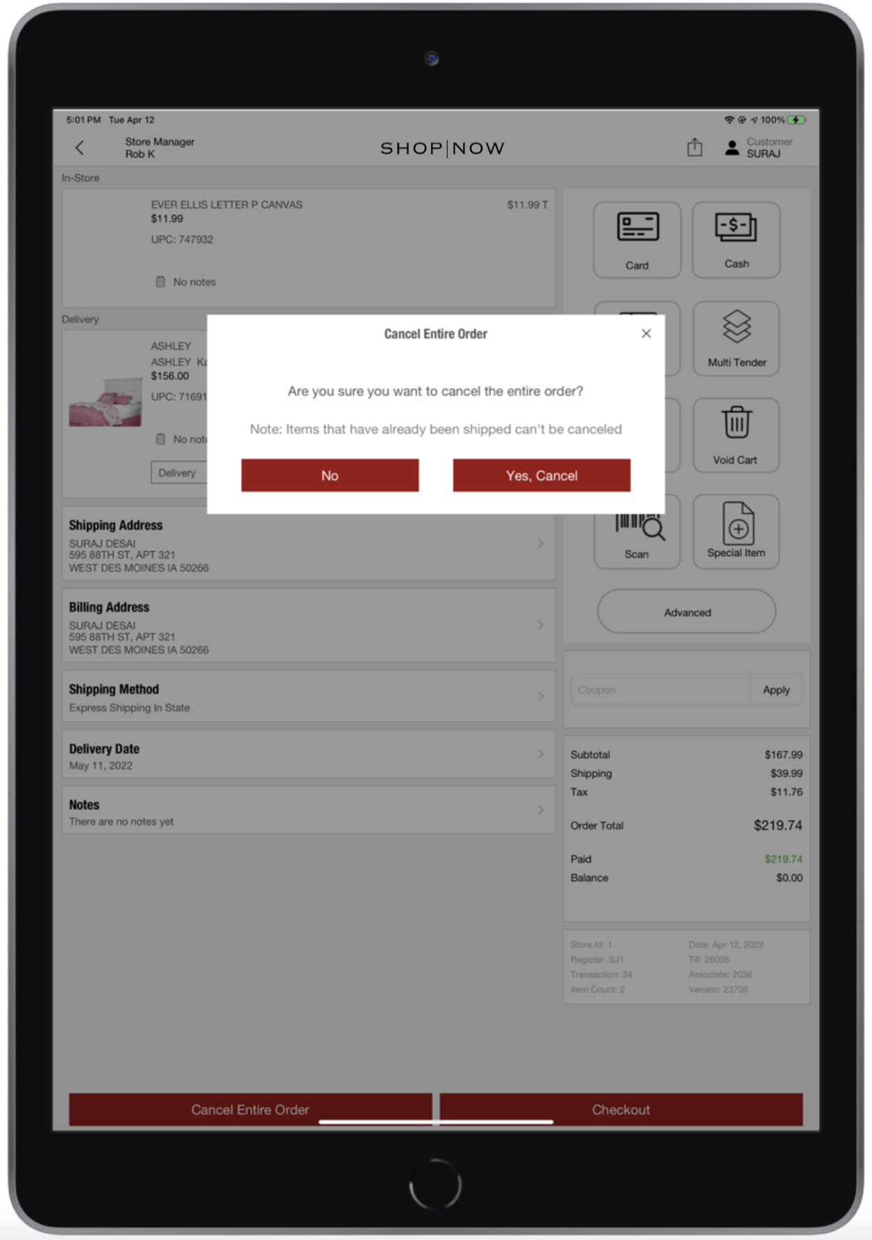 A POS screen shows the cancel order confirmation dialog.