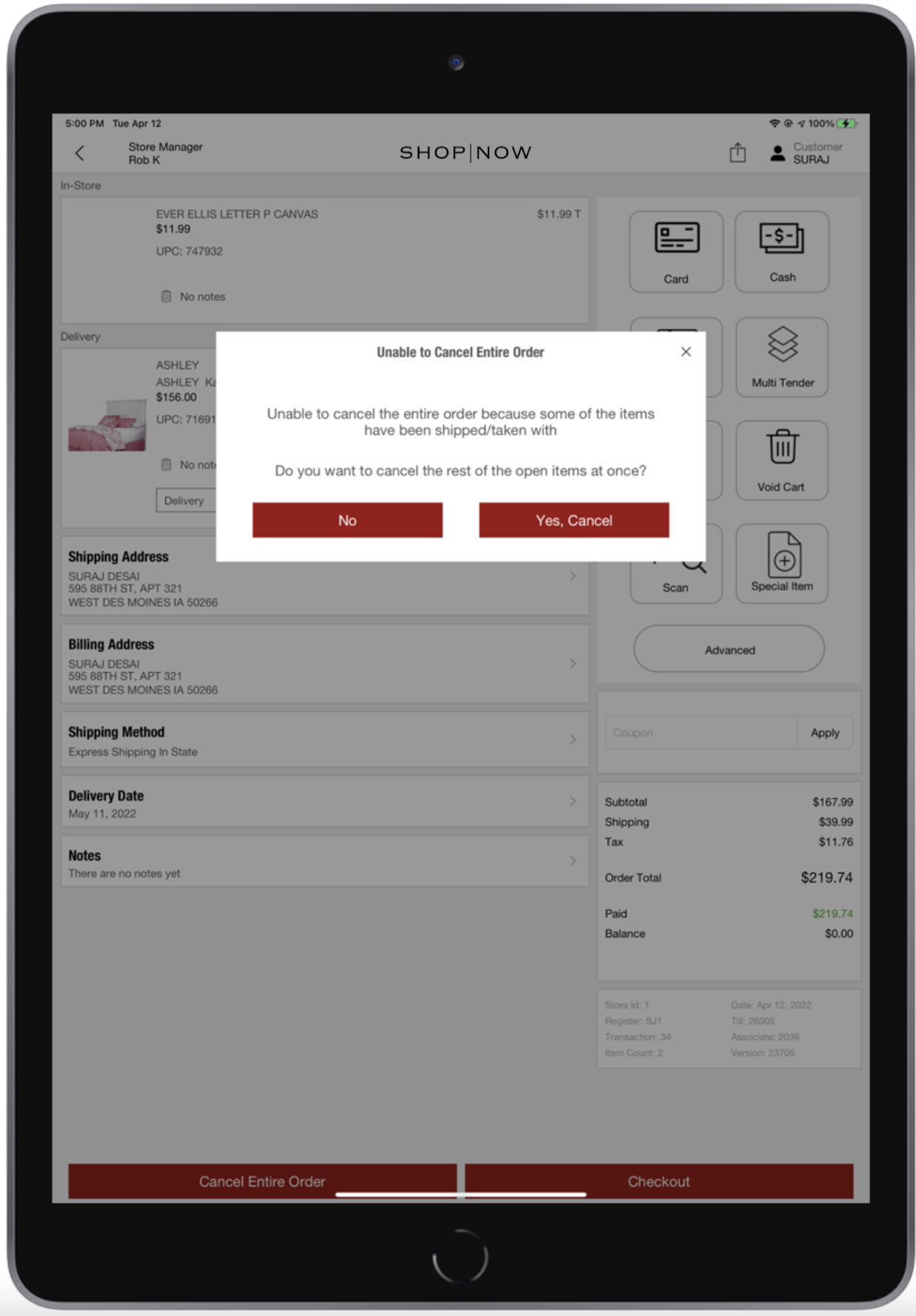 A POS app screen shows the warning message that some items cannot be canceled,