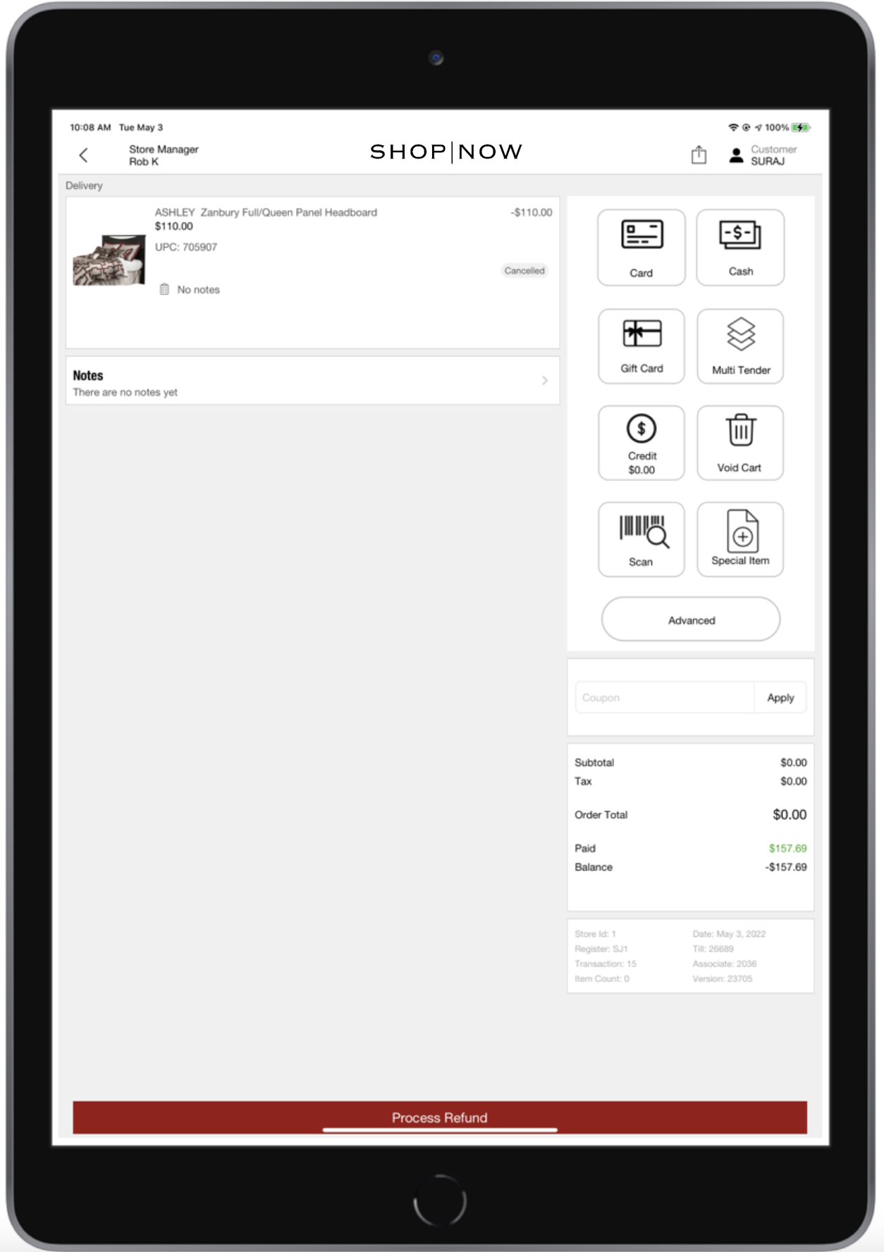 A POS screen shows cancel order items and updated amount.