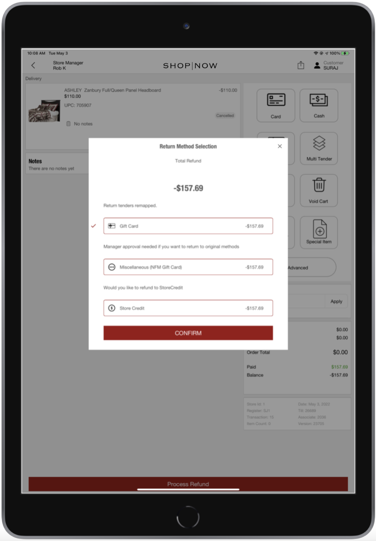 A POS screen shows the process refund dialog.
