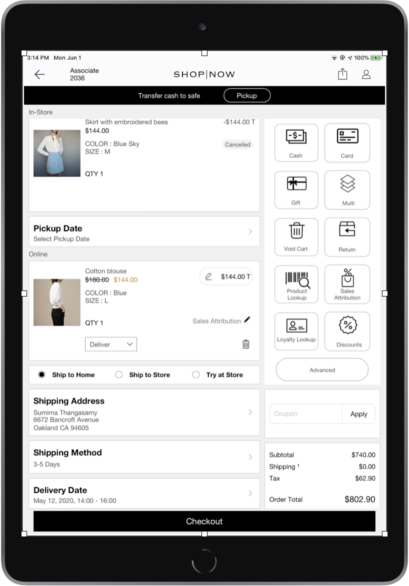 A POS app screen shows the addresses for a delivery option.