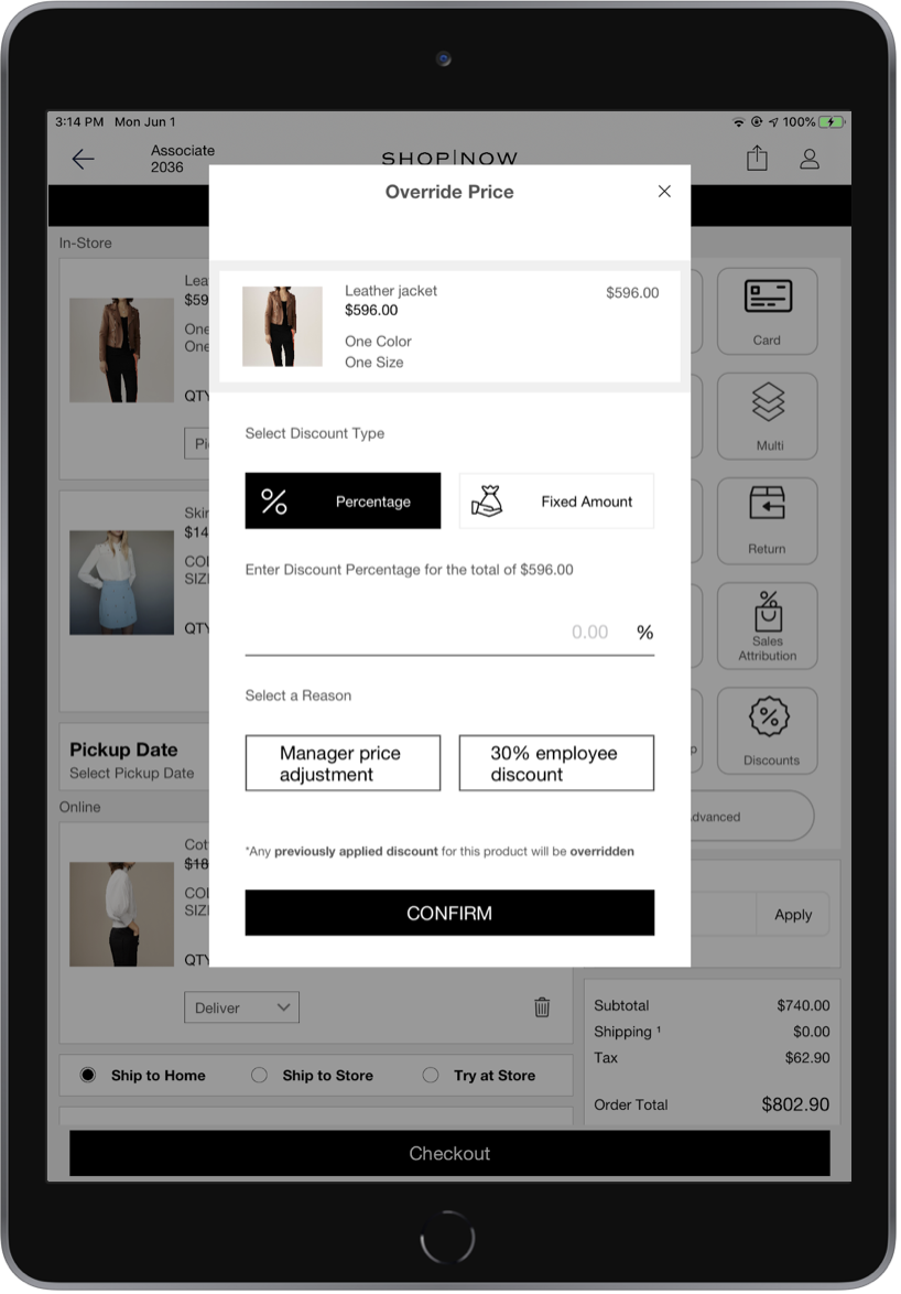 A POS screen shows the entry of a percentage discount.