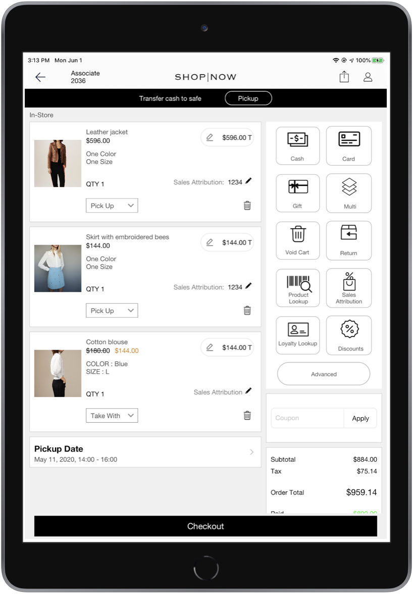 A POS screen shows a checkout cart.