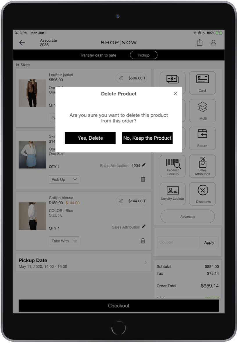 A POS screen shows the dialog to confirm the removal of a cart item.