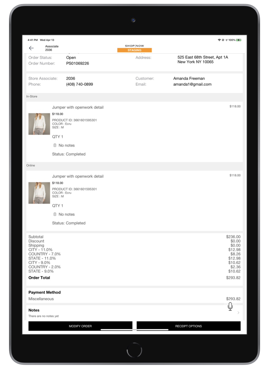 A POS screen shows a selected order.
