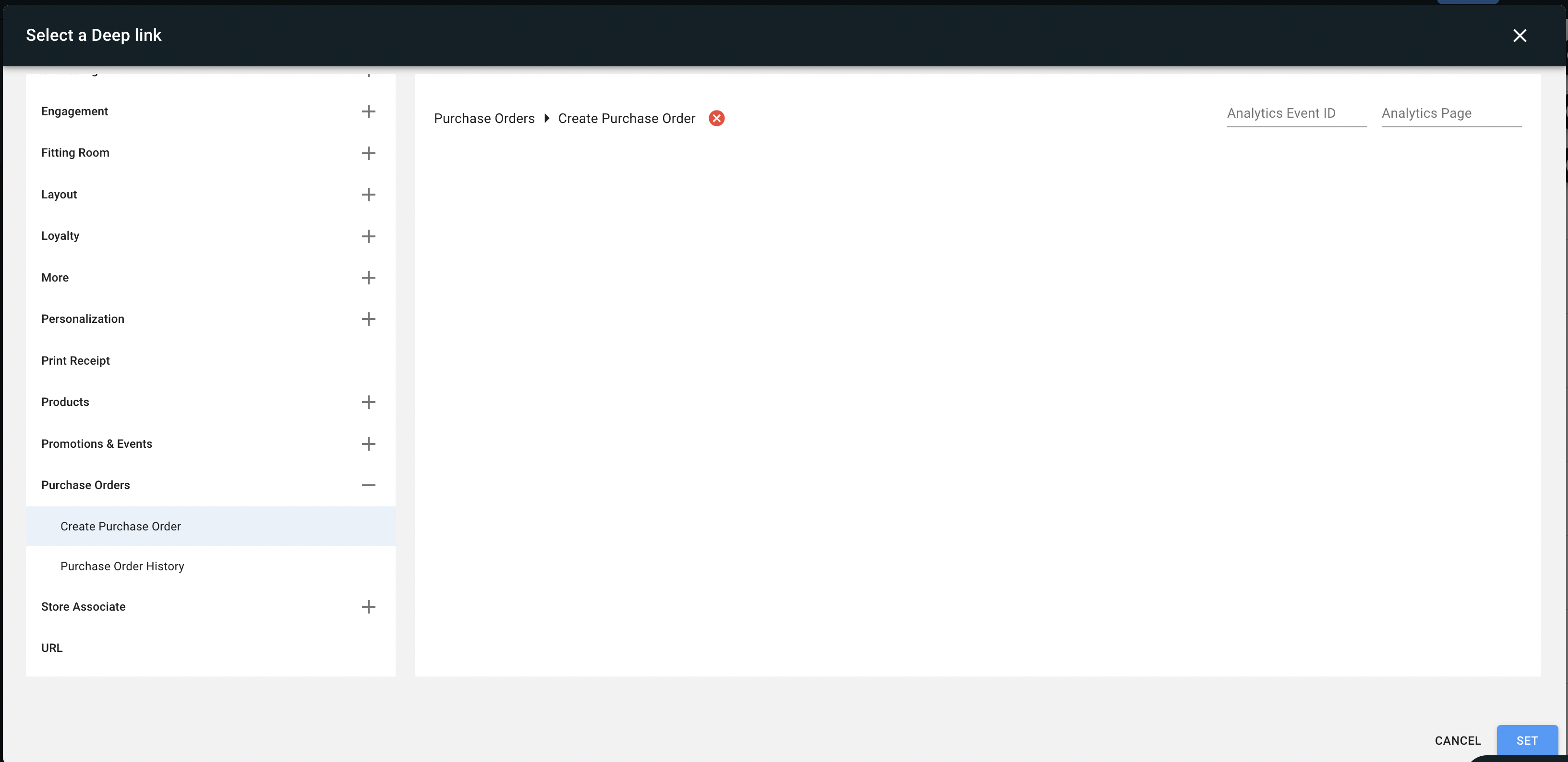 The option to set the purchase order deep link in the CMS.