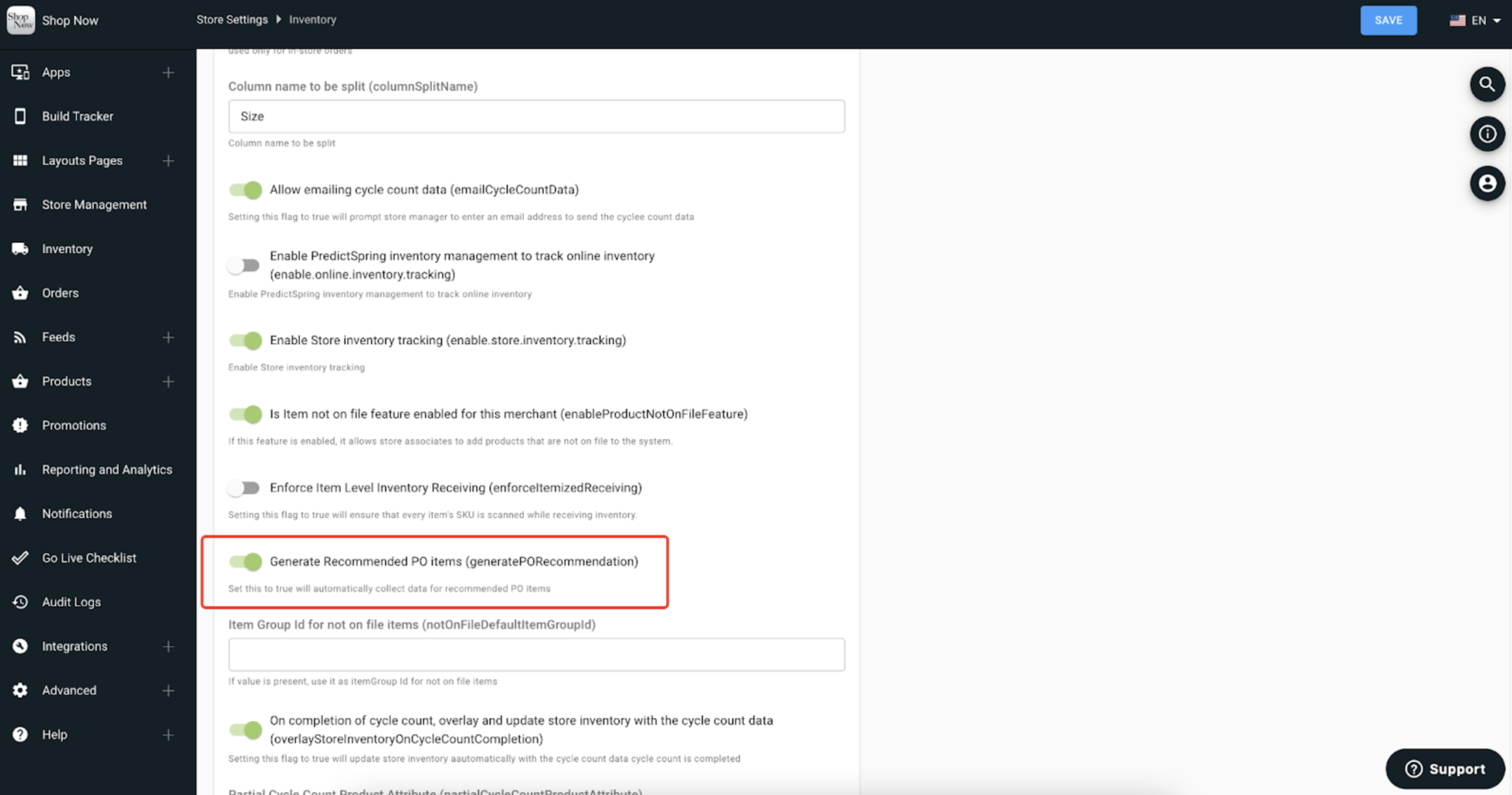 The CMS setting to enable purchase orders is highlighted.