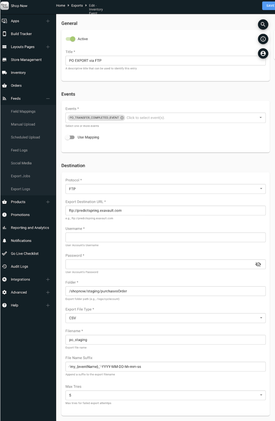Example settings for a purchase order export job.
