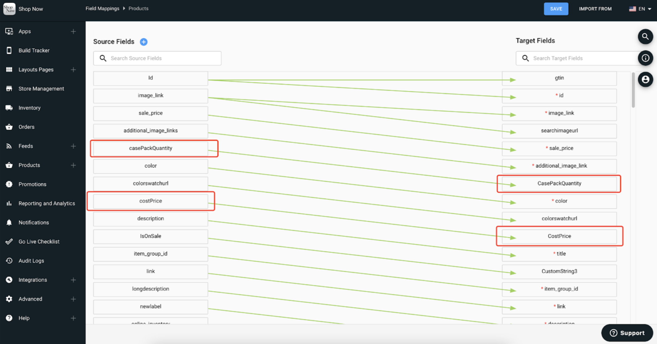 Example of purchase order field mapping in the CMS.