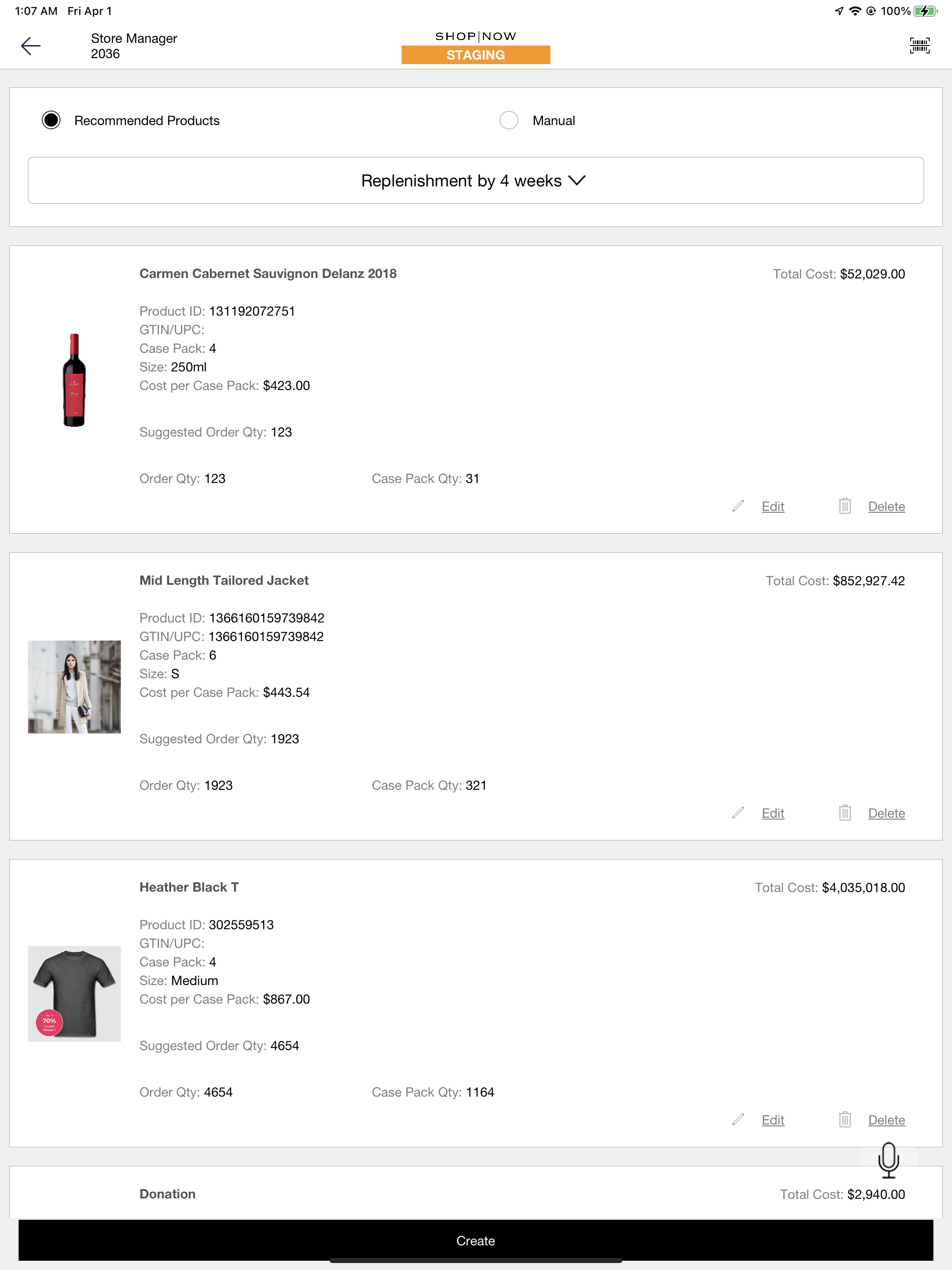 The POS app showing the recommended product radio button.
