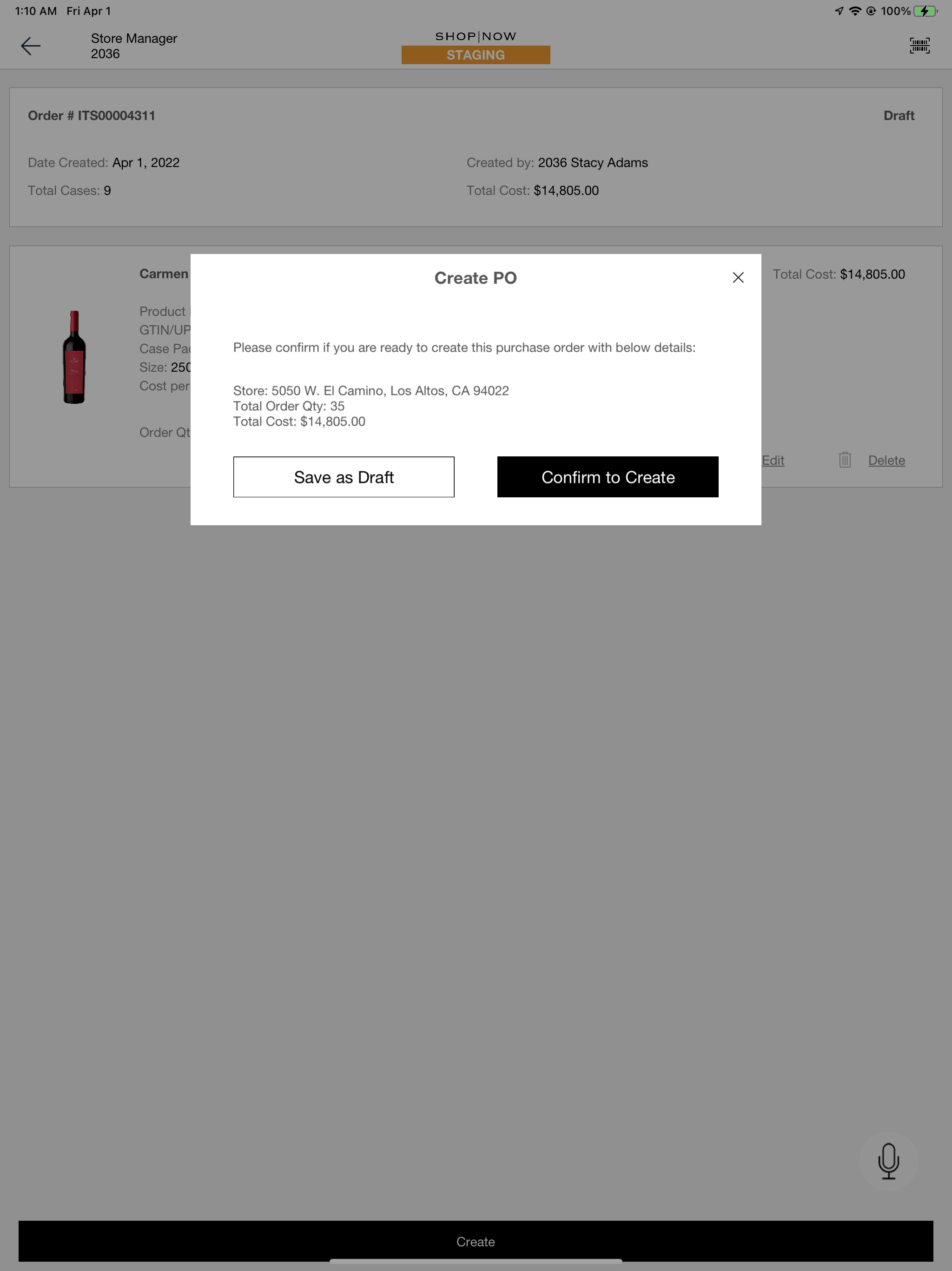 The POS app shows the option to create a purchase order from a draft.