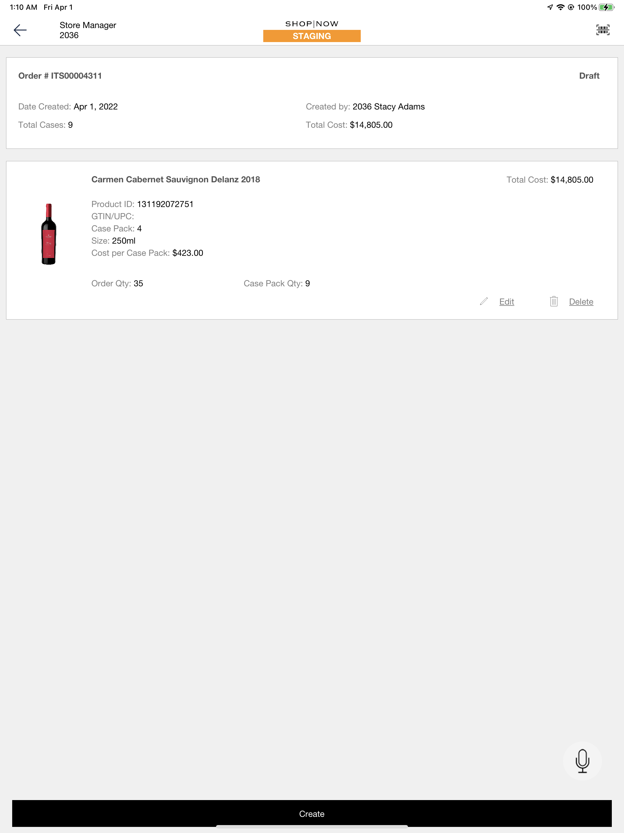 The POS app shows a purchase order created from a draft.