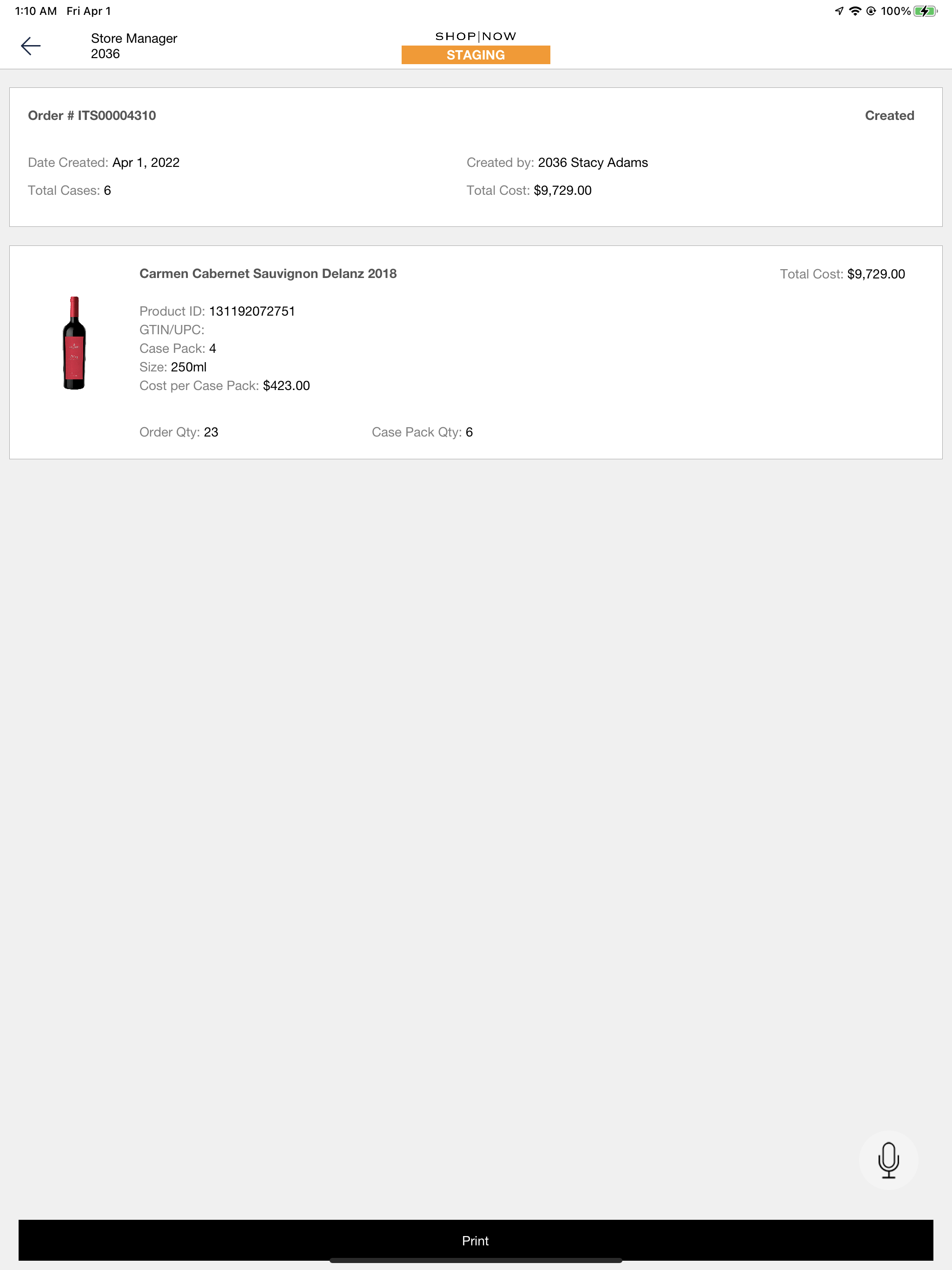 The POS app shows the purchase order detail screen displaying the product list and option to print.