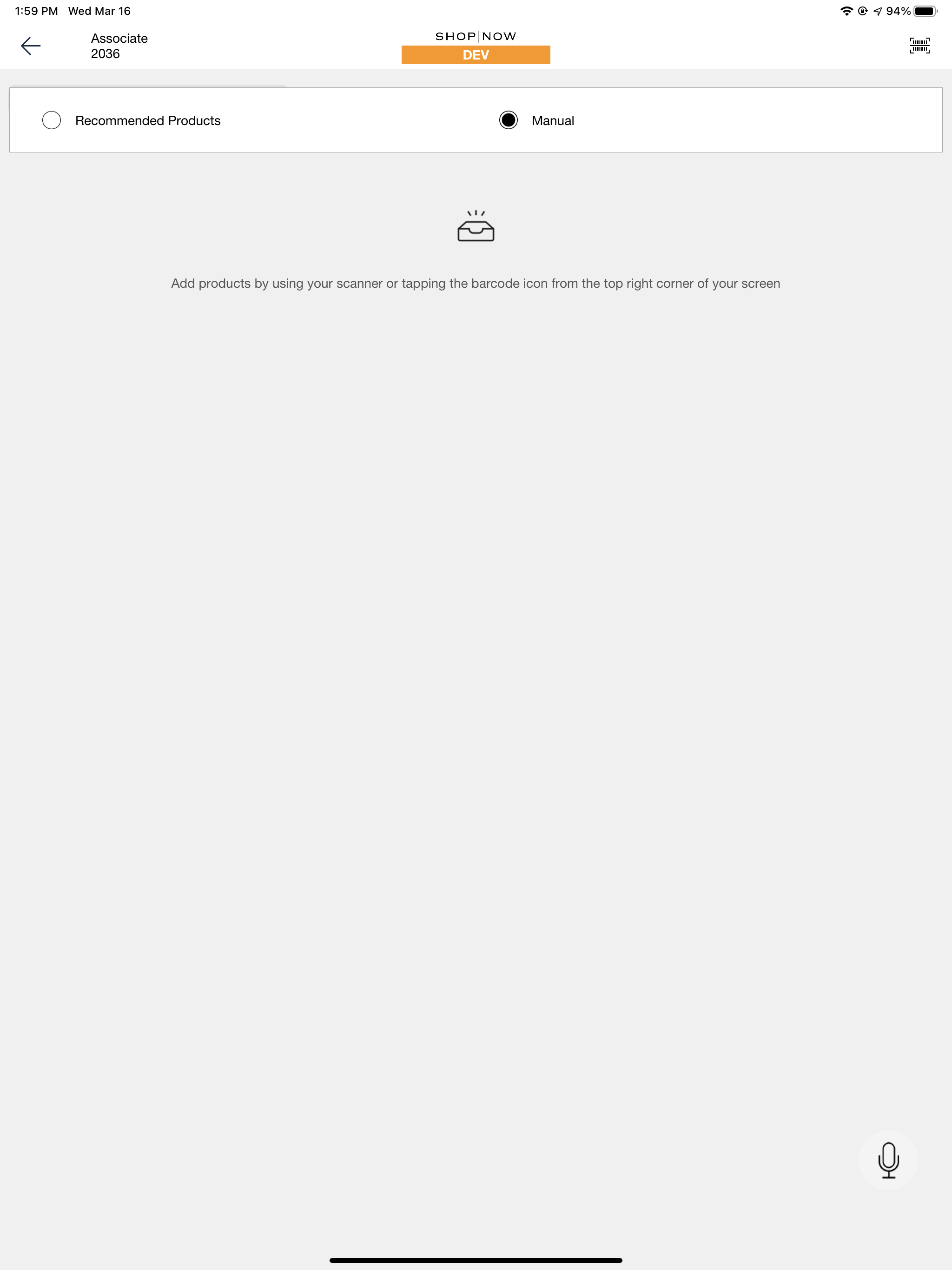 The POS app shows an empty product list.