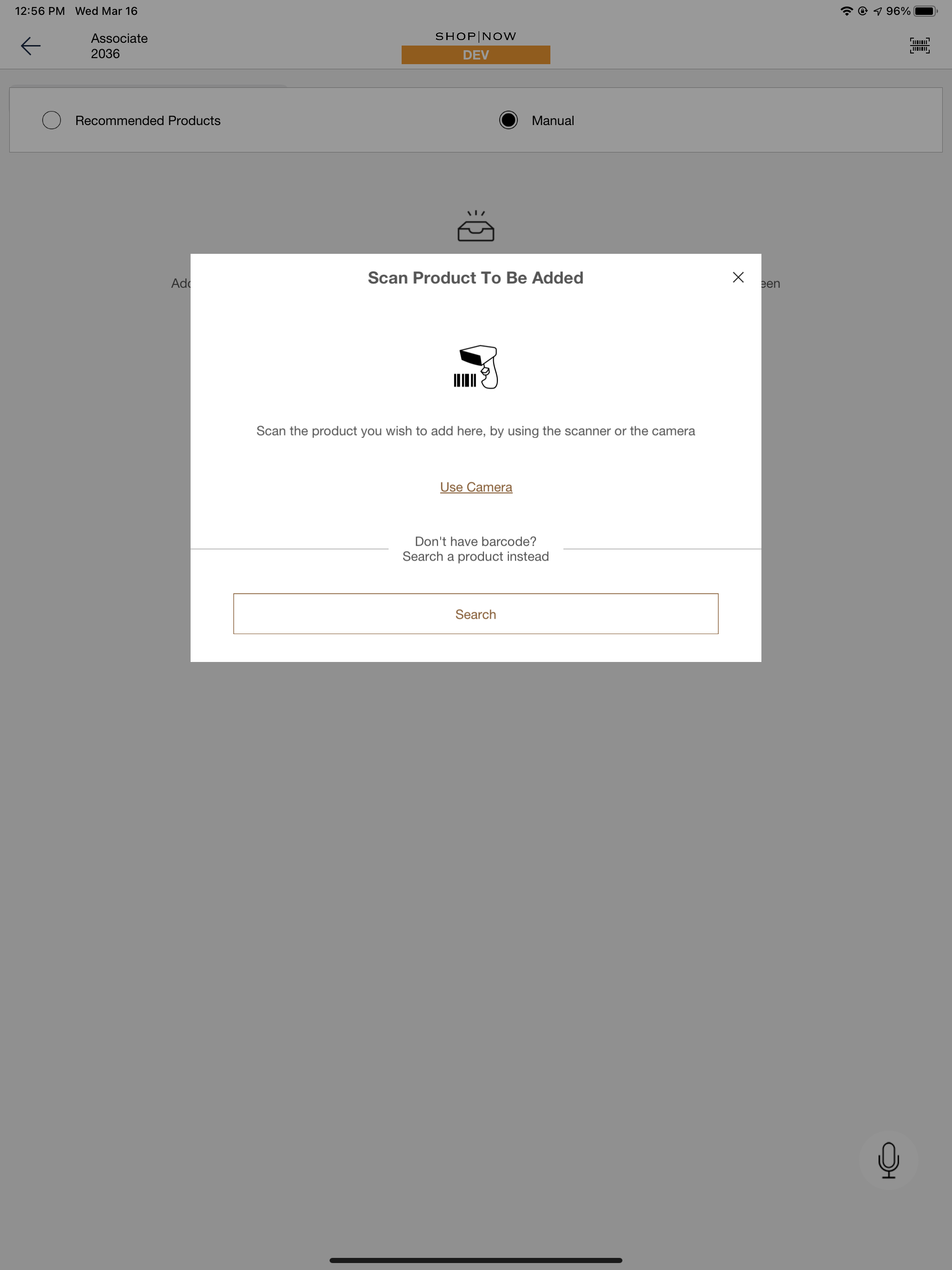 The POS app shows the option to scan a product.
