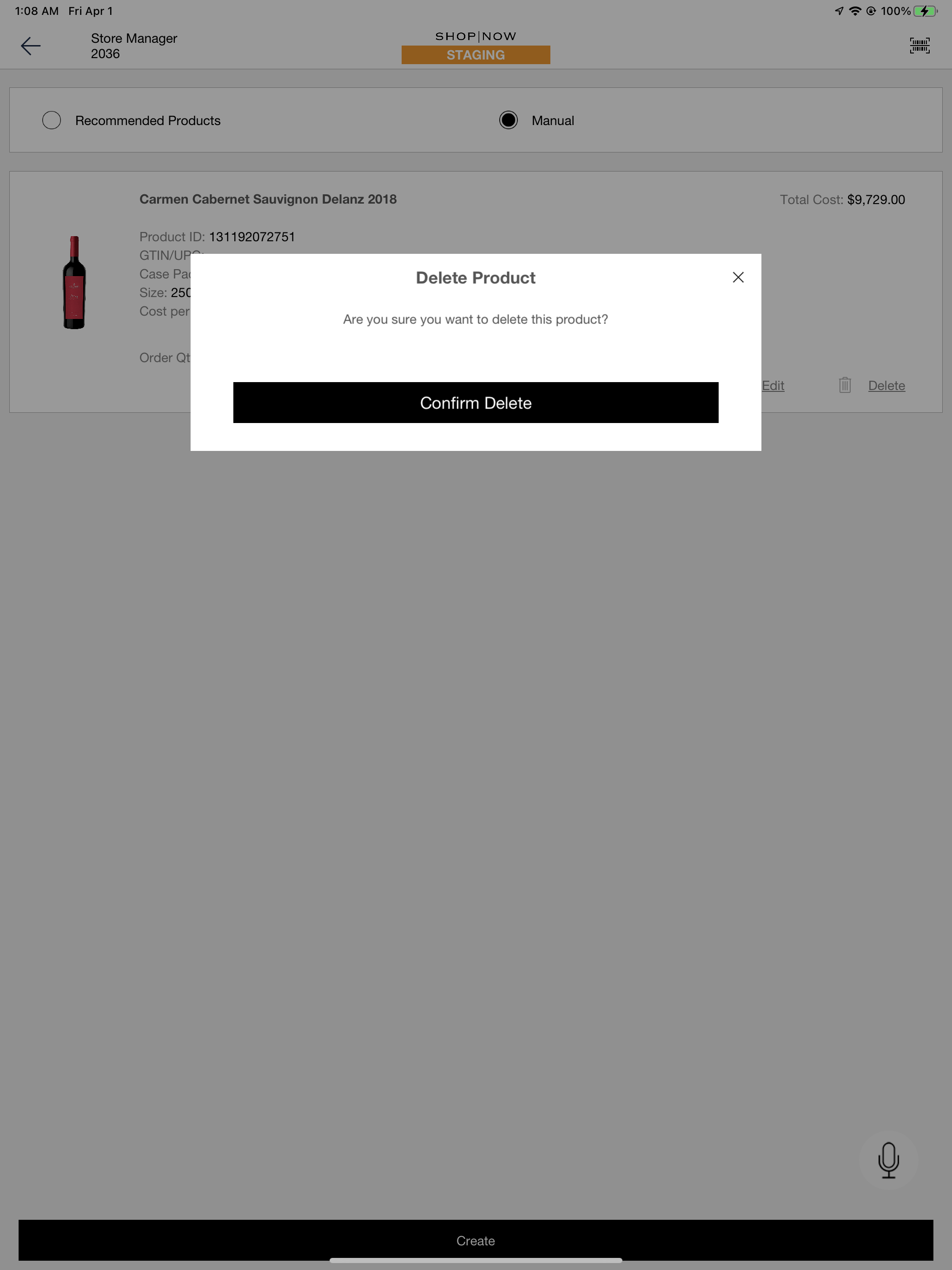 The POS app shows the option to delete a product.