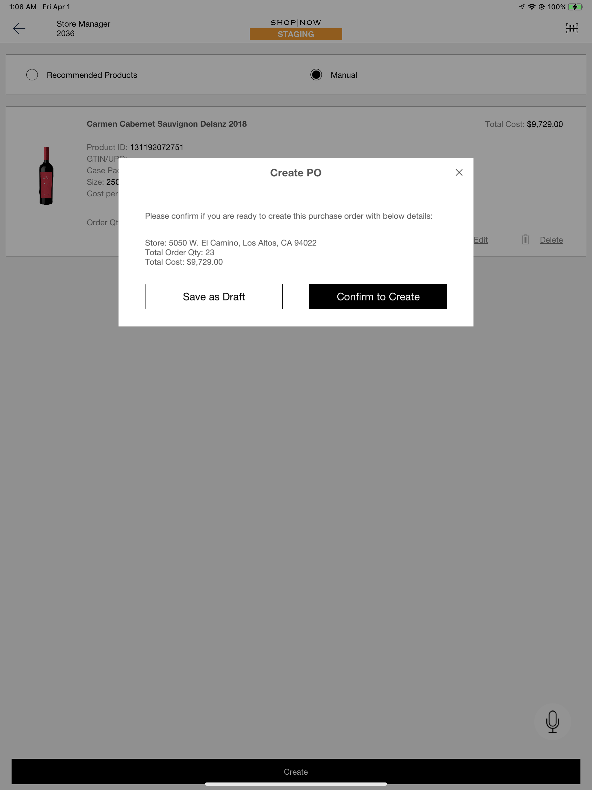 The POS app chose the options to save as a draft or create a purchase order.