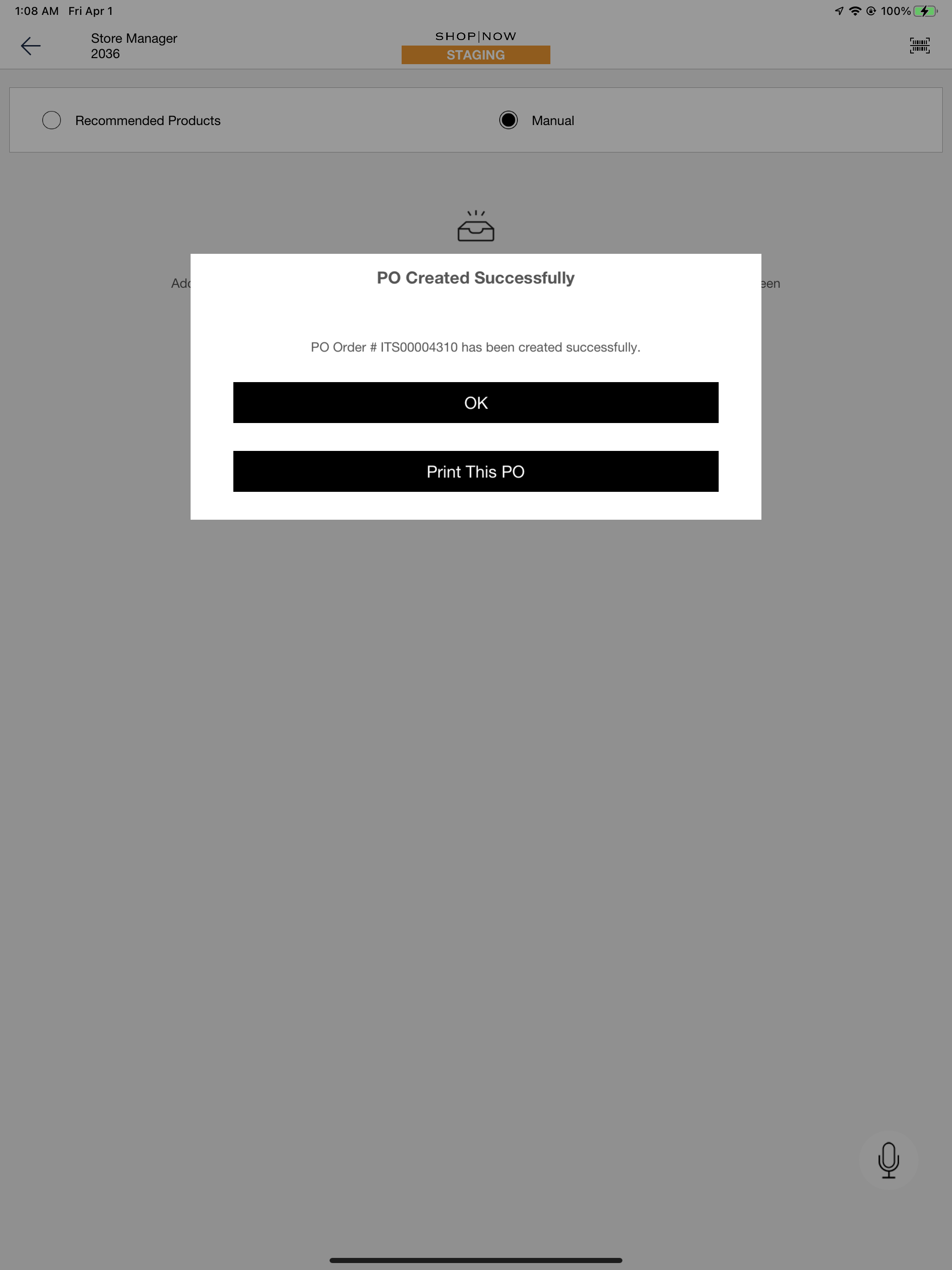 The POS app shows the confirmation of a purchase orders creation with the option to print the purchase order.