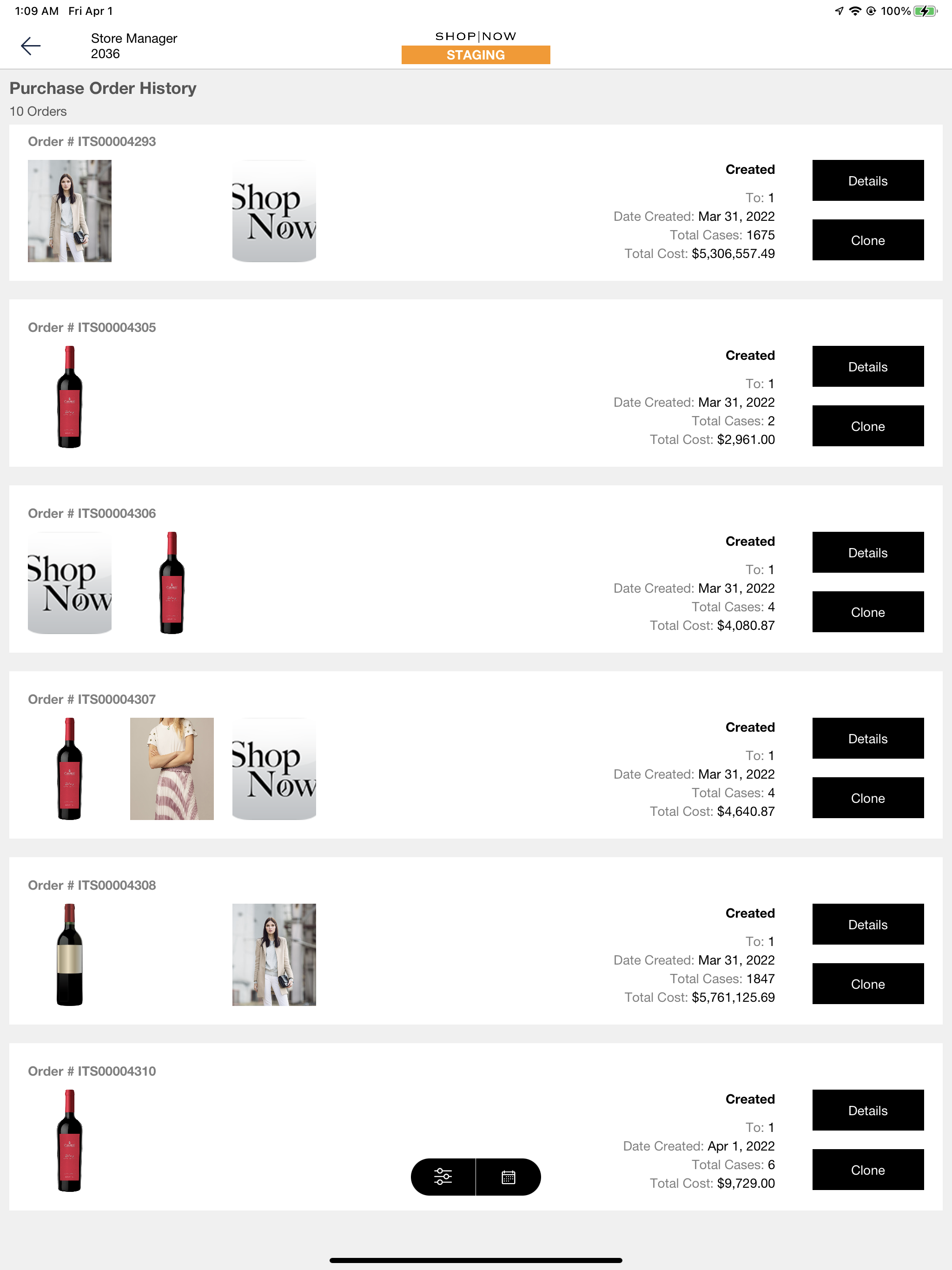 The POS app shows the purchase order history screen.