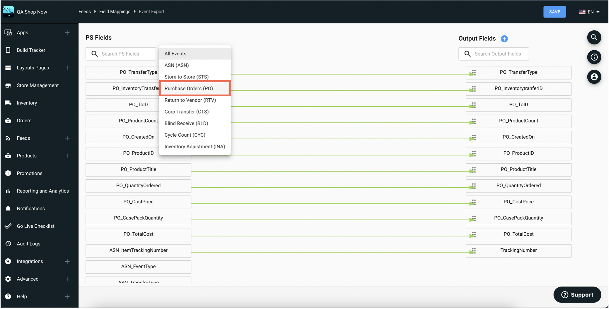 The CMS shows the option to select purchase order under events in field mapping.