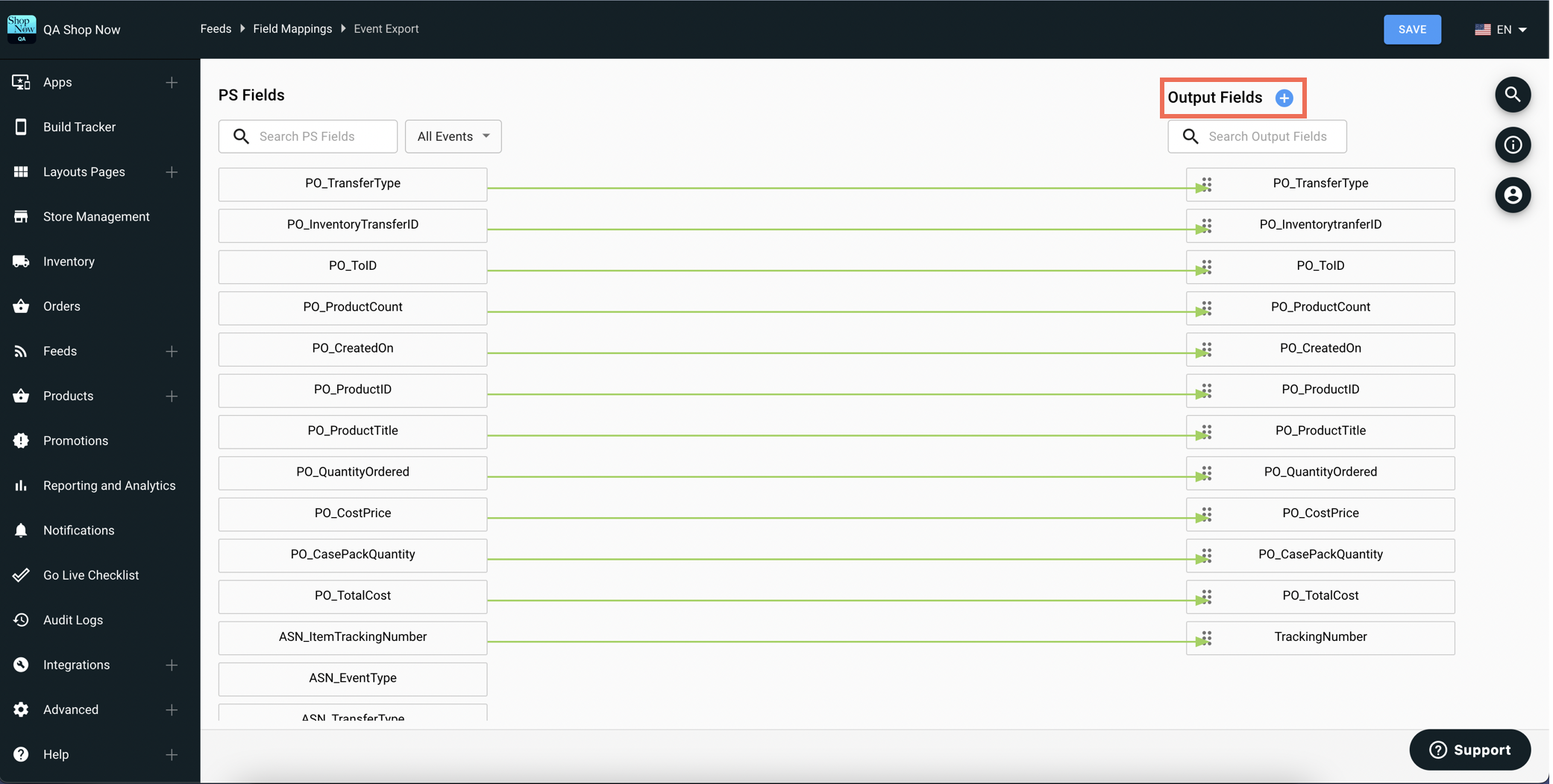 The CMS shows mapping of fields for purchase orders.