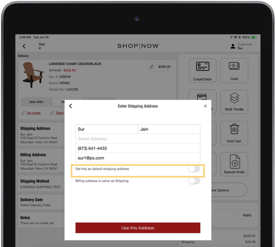The POS app shows the shipping address edit dialog with the save as default option highlighted.