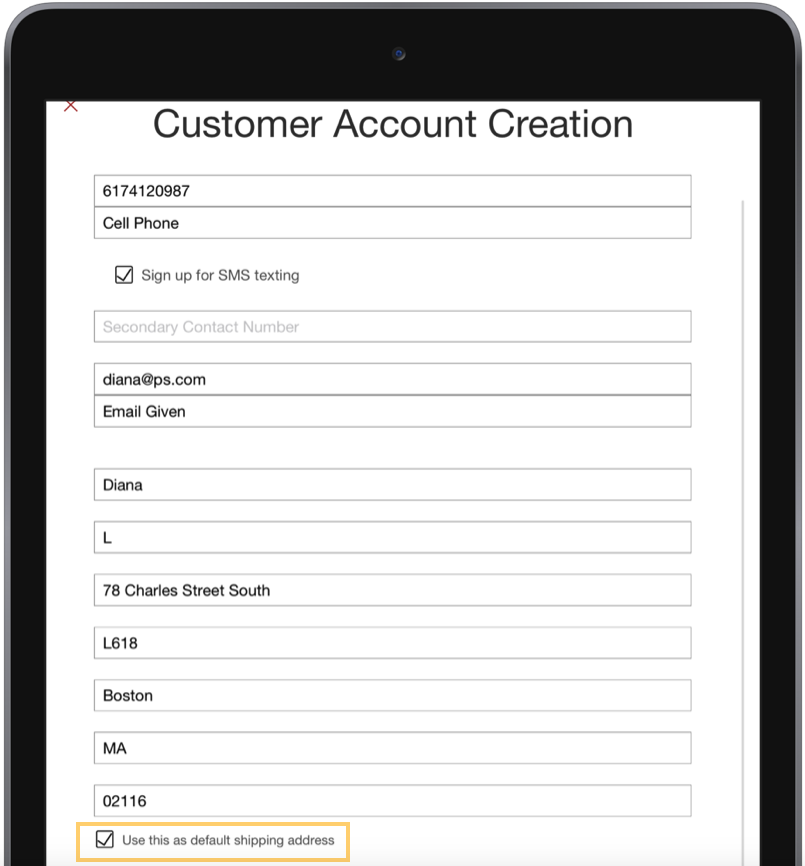 The customer account creation form in the POS app shows the option to save a shipping address default.
