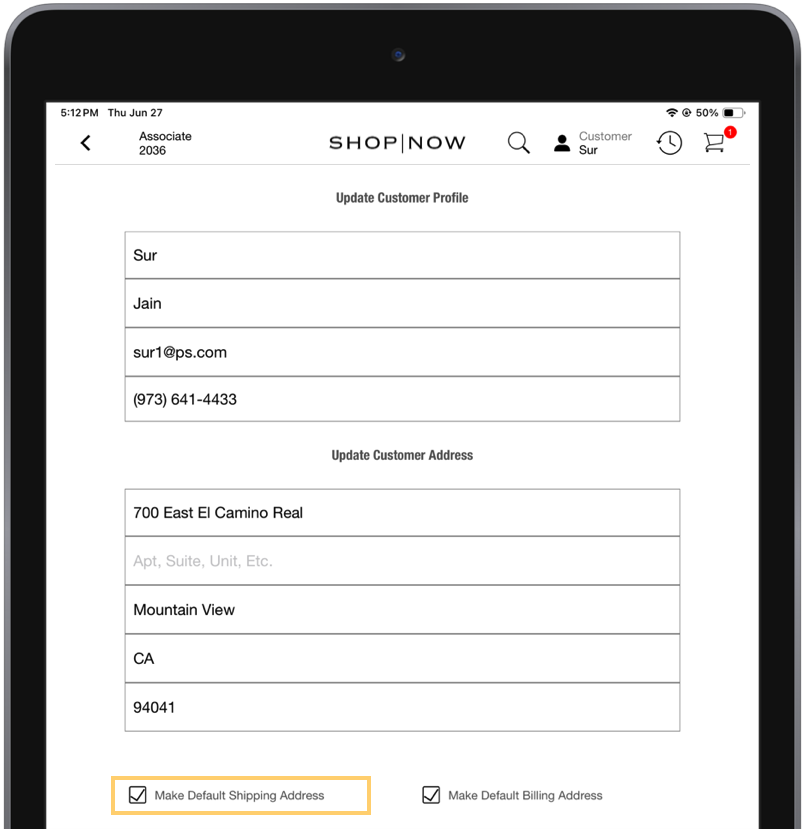 The POS app shows the option to save a shipping address as the default in the update customer profile and address form.