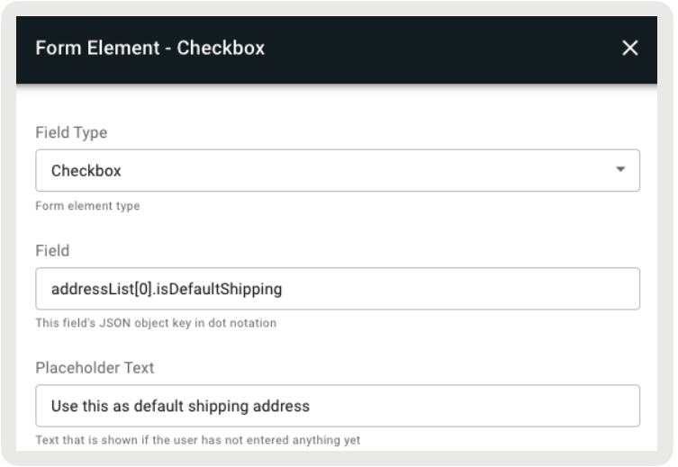 The form element checkbox settings to enable a default shipping address to be saved on customer signup.